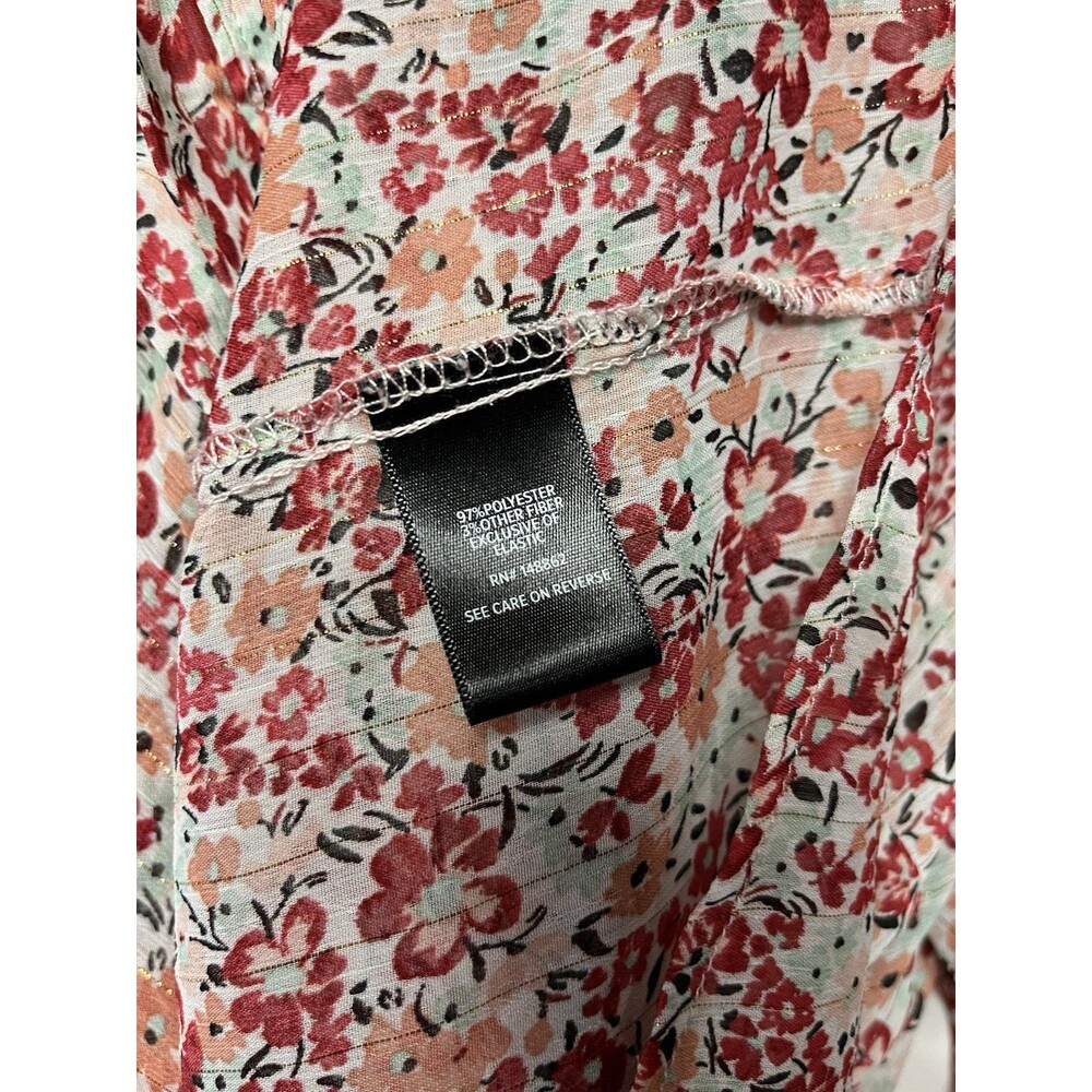 Torrid Floral Sheer Blouse 3X Red Button Up Long Sleeve Gold Stripe Boho Top - Picture 11 of 11